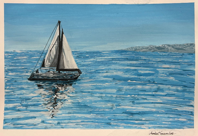 Sail boat in peaceful waters painting.