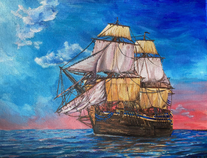 Wooden ship sailing into sunset painting.