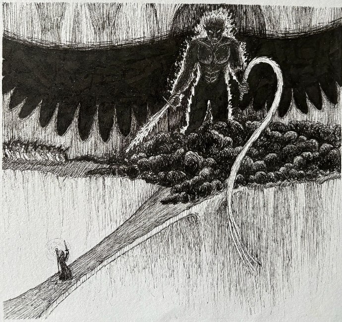 Gandalf and the Balrog pen drawing.