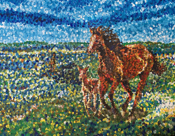 Mare and filly horses in flower field landscape painting.