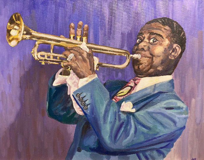 Louis Armstrong hyper-realistic painting.