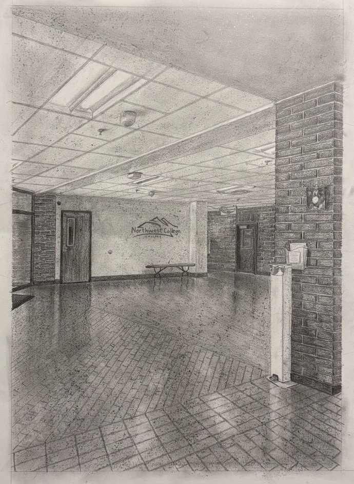 Cabre lobby architecture interior graphite drawing.