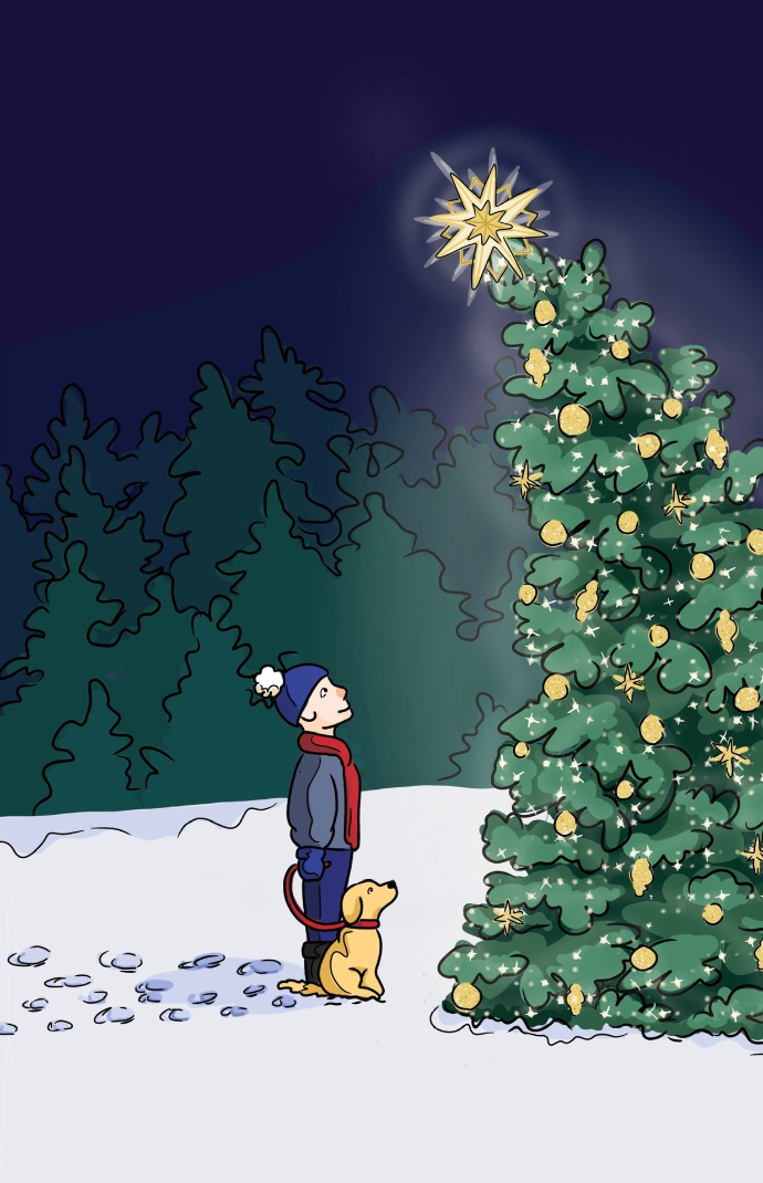 Boy and puppy looking at Christmas tree in snow digital drawing Christmas card.
