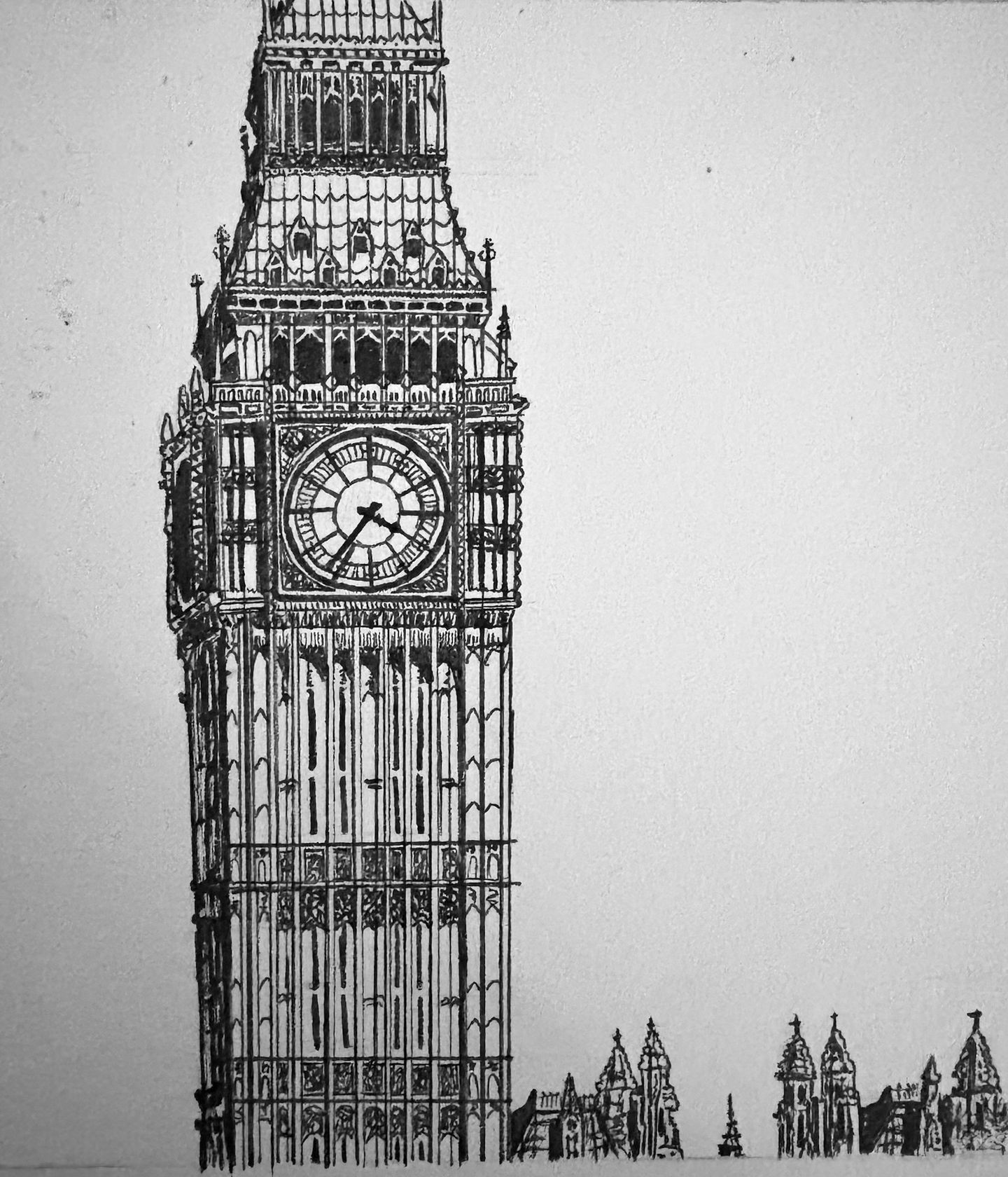 Big Ben detailed small pen drawing.