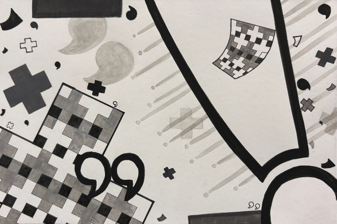 Keyboard symbols and signs in abstract painting.